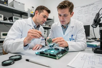 Ingénieur en électronique examinant un processeur ARM dans un laboratoire de hardware professionnel