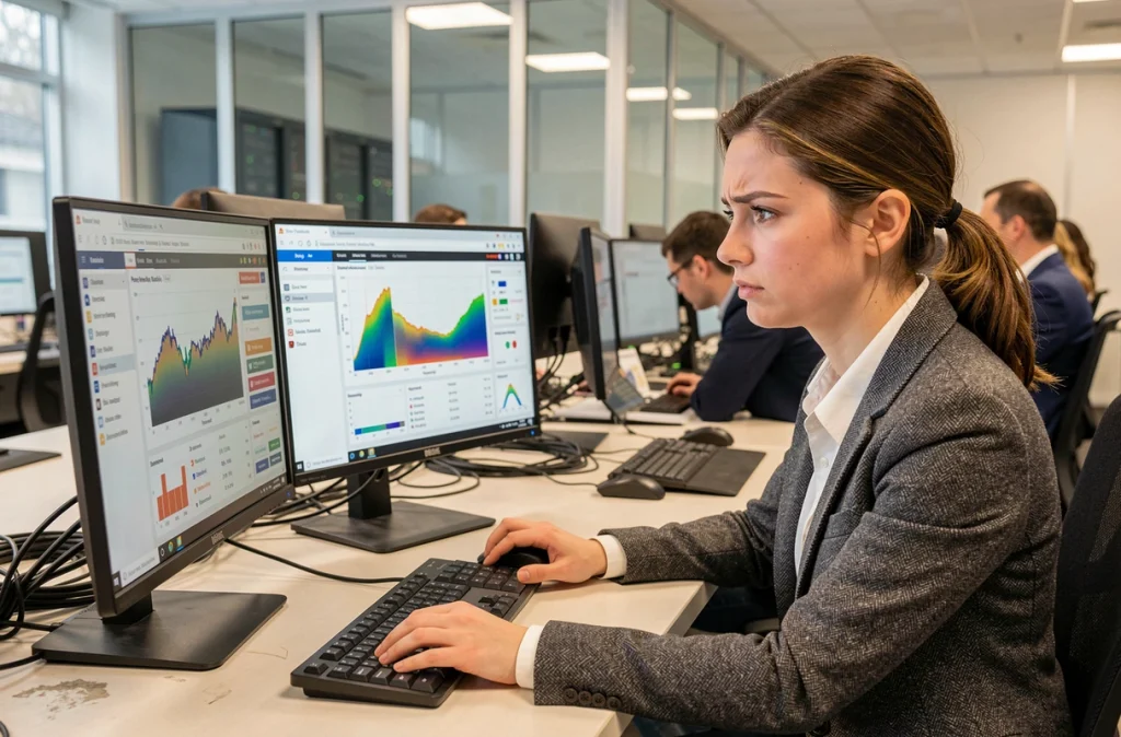 Ingénieure data analysant des tableaux de bord de maintenance prédictive sur plusieurs écrans dans un centre d'opérations informatiques