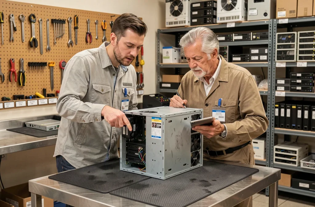 Deux ingénieurs informatiques collaborant sur la maintenance d'un serveur ouvert dans un atelier technique