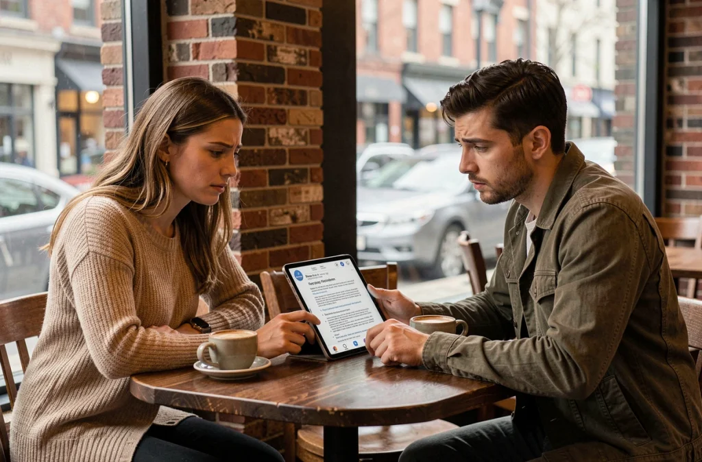 Deux jeunes adultes dans un café lisant une politique de confidentialité de réseau social sur une tablette