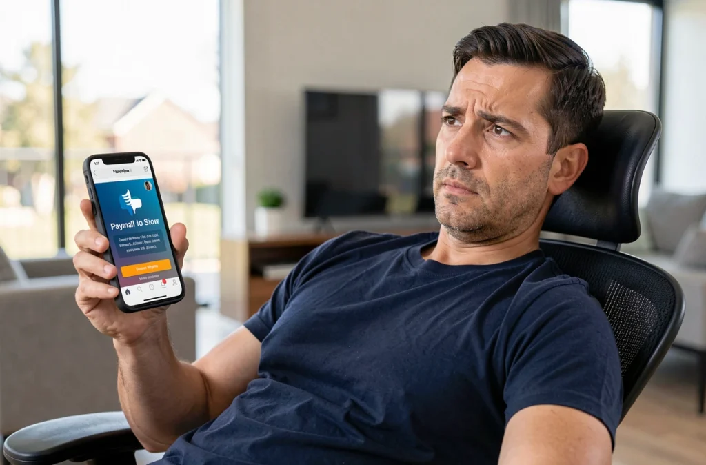 Homme hésitant face à une invitation à souscrire un abonnement payant sur une application vidéo gratuite