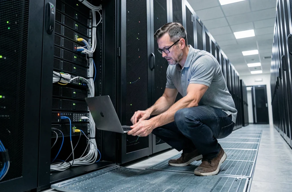 Technicien informatique effectuant une mise à jour de firmware sur des serveurs dans une salle de datacenter