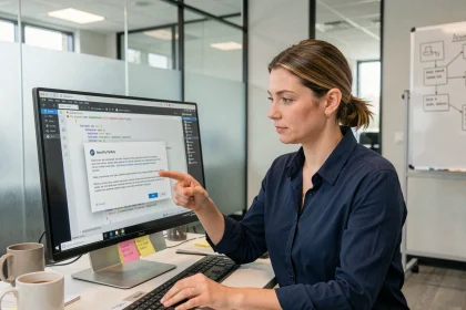 Femme informaticienne consultant une mise à jour logicielle de sécurité sur son poste de travail en bureau open-space