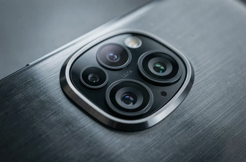 Gros plan sur le module photo triple objectif Leica du Xiaomi 14T, mettant en avant la qualité de fabrication premium