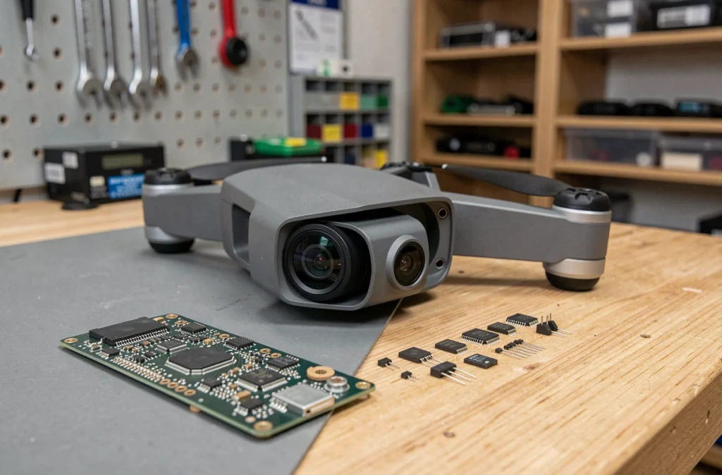 Gros plan du module de navigation autonome d'un drone grand public sur un établi d'atelier