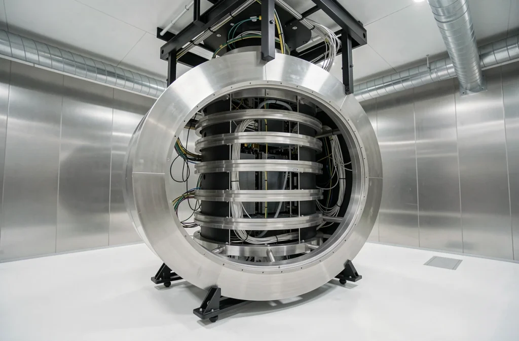 Ordinateur quantique cryogénique dans une salle blanche de recherche technologique avancée