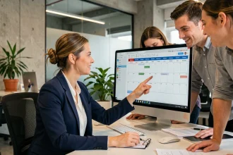 Femme en blazer marine montrant un agenda partagé sur écran à ses collègues dans un bureau moderne