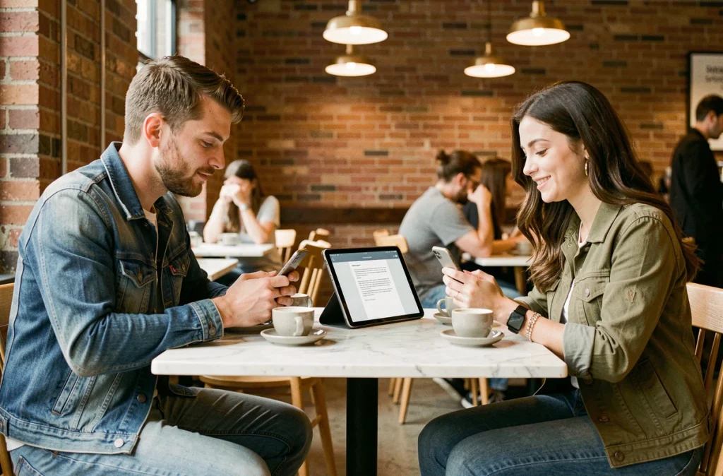 Deux personnes partageant un document chiffré sur tablette dans un café, illustrant l'usage quotidien du chiffrement de bout en bout
