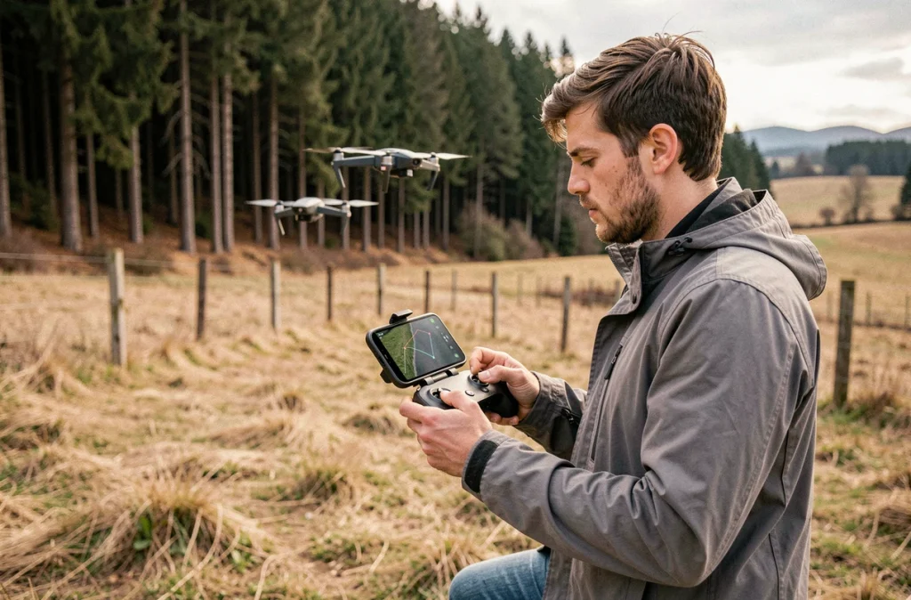 Homme pilotant un drone autonome avec contrôleur connecté dans un champ rural