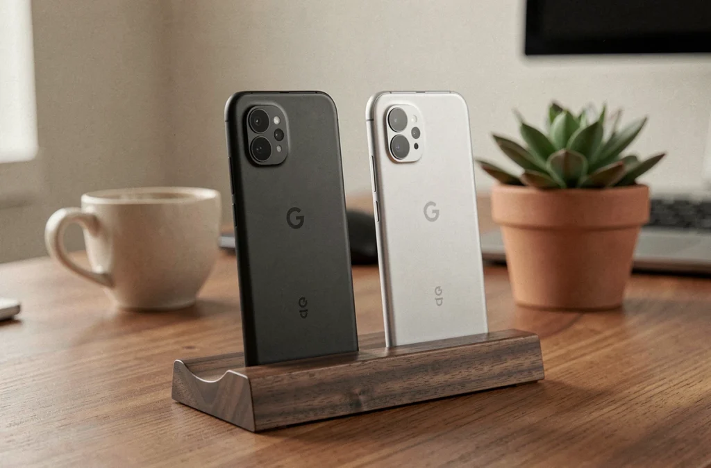 Google Pixel 6 et Pixel 7 posés verticalement sur un bureau en bois avec leurs modules caméra visibles pour une comparaison détaillée