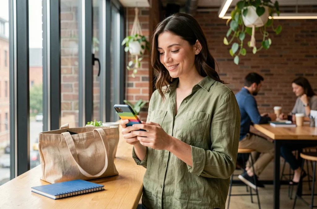 Jeune professionnelle consultant ses notes de réunion organisées sur smartphone dans un espace de coworking