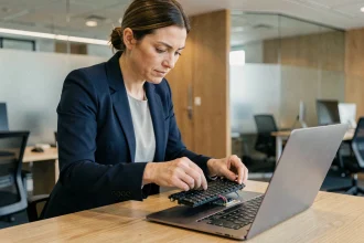 Professionnelle en blazer marine retirant un composant modulaire de son ordinateur portable dans un bureau moderne en open space