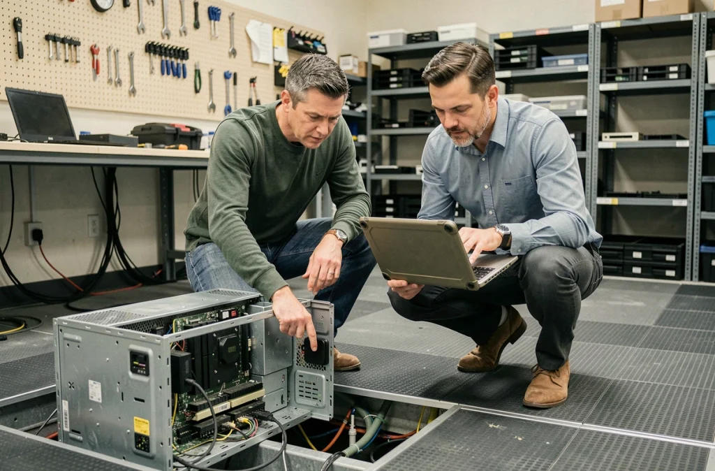 Deux professionnels IT examinant un châssis serveur ouvert lors d'une intervention de maintenance prédictive en salle technique
