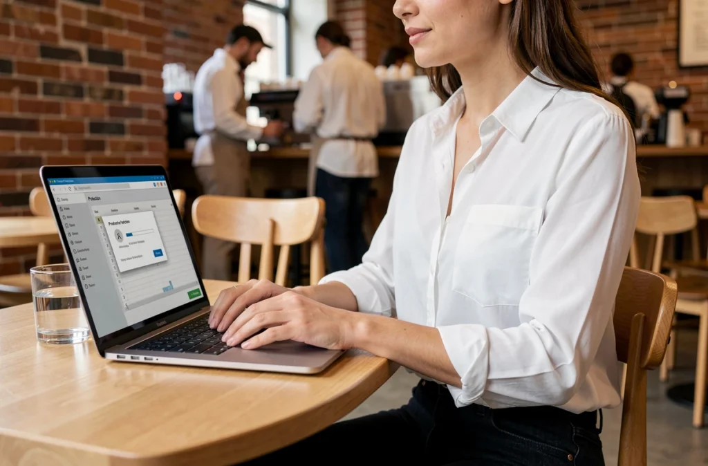 Jeune femme protégeant un fichier tableur avec un mot de passe depuis un café urbain
