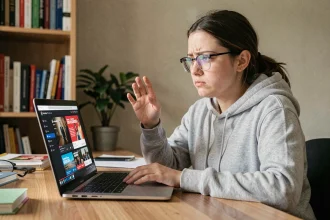 Jeune femme frustrée face à des publicités intempestives sur une plateforme de streaming vidéo gratuite