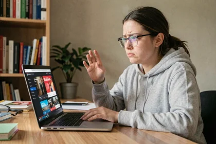 Jeune femme frustrée face à des publicités intempestives sur une plateforme de streaming vidéo gratuite