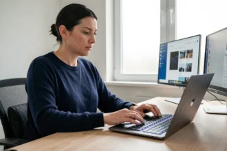 Femme utilisant le raccourci clavier Ctrl+Y pour revenir en avant sous Windows 11 sur un bureau moderne