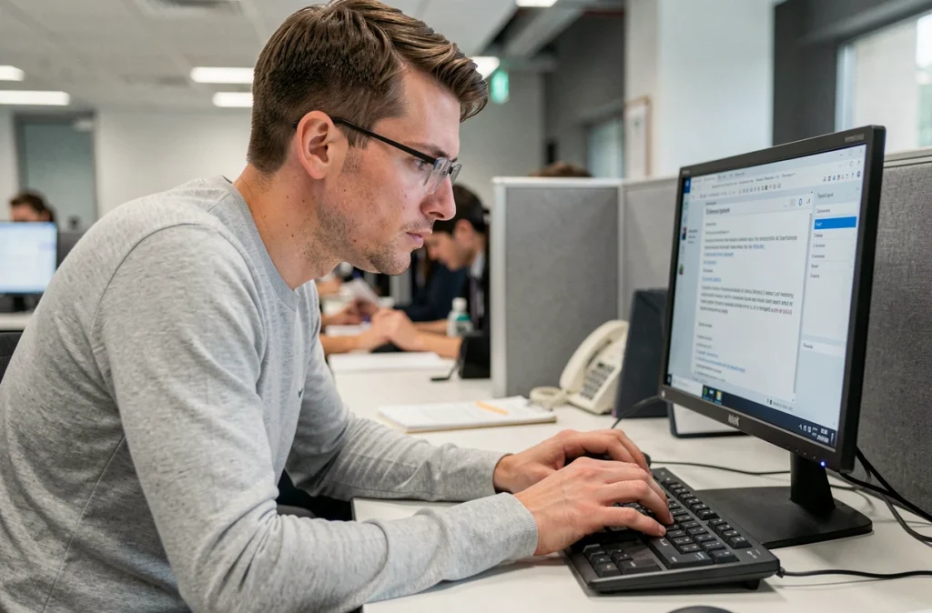 Homme en bureau open-space appuyant sur Ctrl+Y pour rétablir une action sous Windows 10