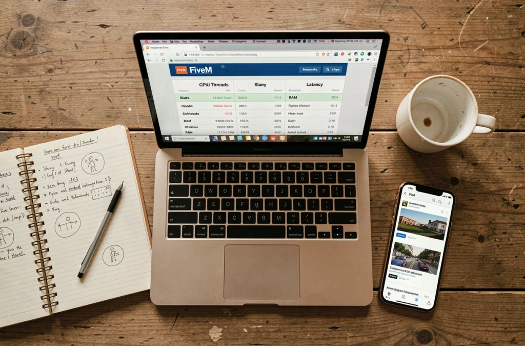 Vue aérienne d'un espace de travail avec laptop affichant une comparaison d'hébergeurs FiveM, carnet de notes techniques et smartphone
