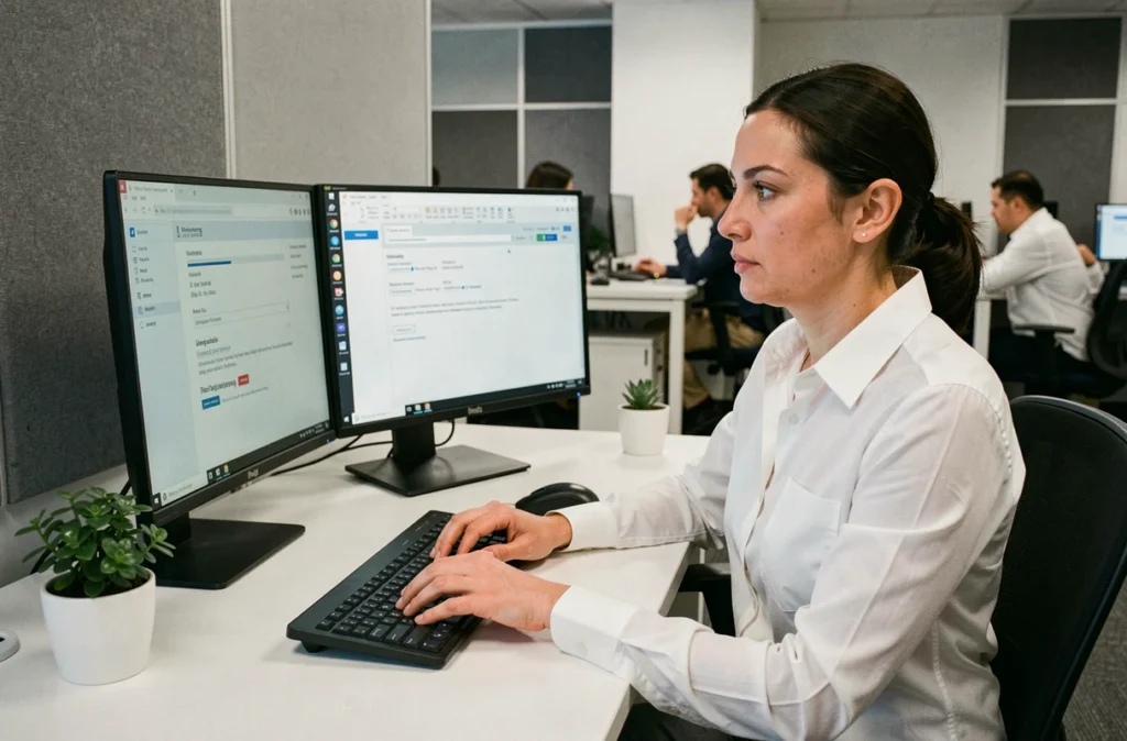 Femme au bureau configurant les paramètres réseau sur ordinateur professionnel pour améliorer la connexion