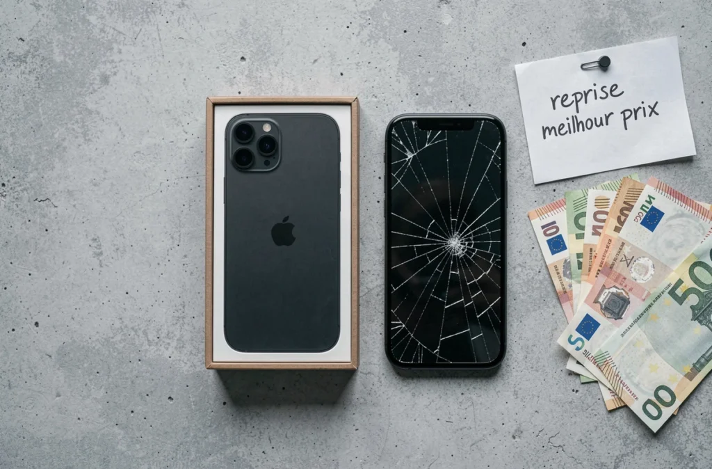 Mise en scène de reprise d'un ancien smartphone contre un iPhone 14 avec billets en euros et note manuscrite