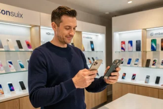 Homme comparant un iPhone 14 et un ancien smartphone dans une boutique mobile pour obtenir la meilleure reprise