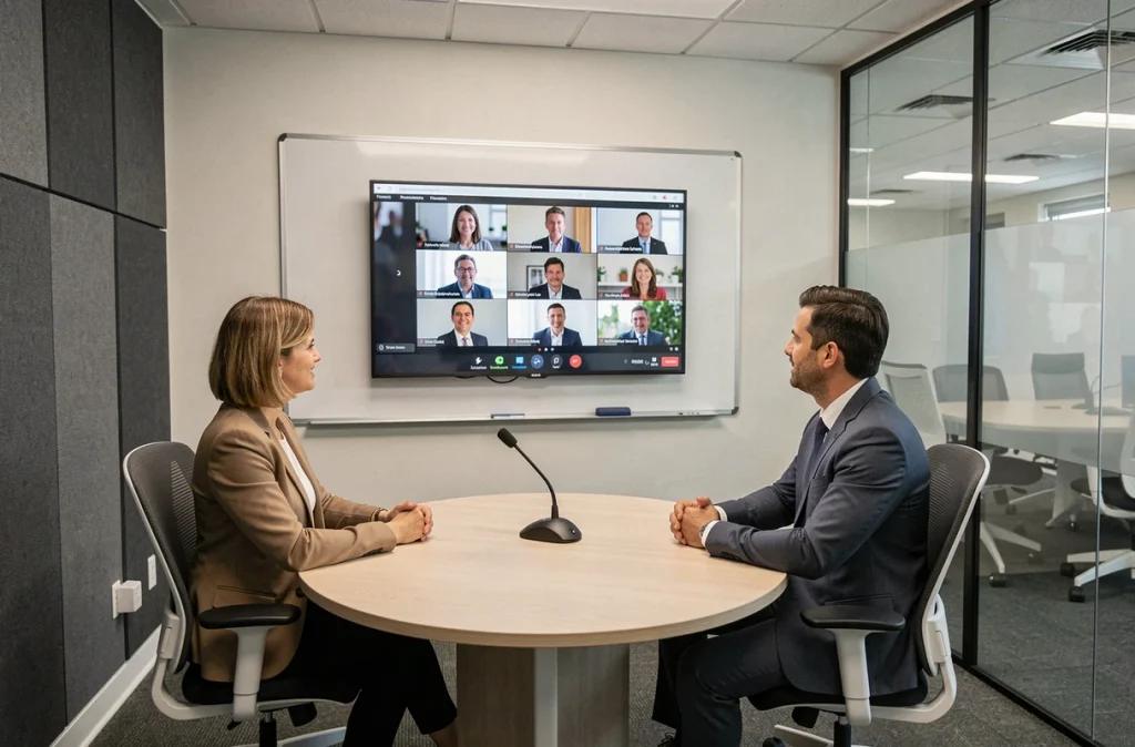 Deux collègues en réunion hybride via visioconférence sur un grand écran connecté dans une salle de réunion d'entreprise