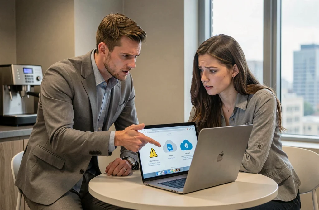 Deux collègues inquiets consultant une interface de partage de fichiers cloud avec des avertissements de sécurité sur un ordinateur portable