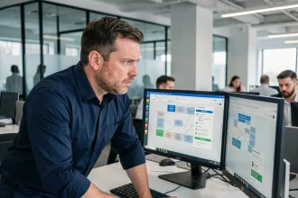 Professionnel IT analysant des alertes de partage de fichiers sur un poste de travail en open-space d'entreprise