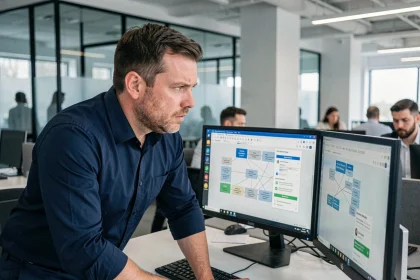 Professionnel IT analysant des alertes de partage de fichiers sur un poste de travail en open-space d'entreprise