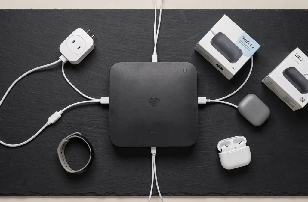 Vue aérienne d'un routeur Wi-Fi 7 entouré d'objets connectés sur un bureau en ardoise