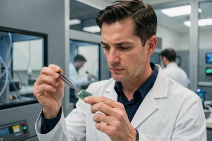 Scientifique examinant une puce d'informatique quantique dans un laboratoire de recherche high-tech