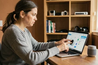 Femme configurant la sécurité de ses objets connectés sur un ordinateur portable à la maison