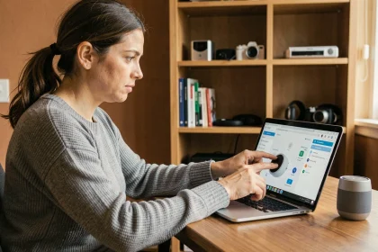 Femme configurant la sécurité de ses objets connectés sur un ordinateur portable à la maison