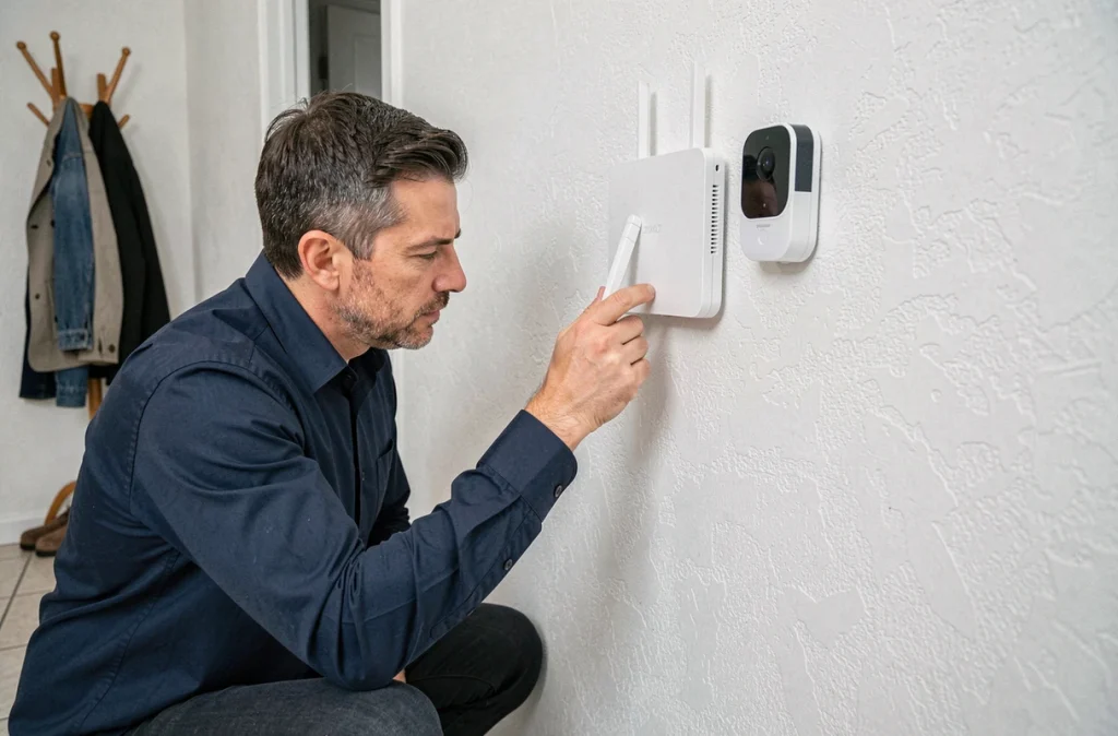 Homme sécurisant un routeur Wi-Fi et une sonnette connectée dans le couloir de son domicile