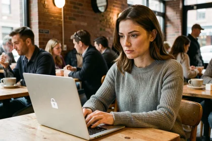 Femme utilisant un ordinateur portable en sécurité dans un café avec connexion VPN sur réseau wifi public