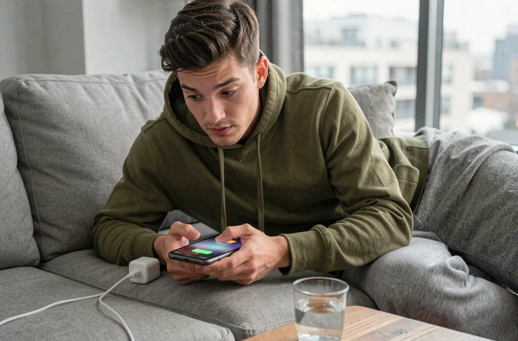 Jeune homme allongé sur un canapé regardant son smartphone en charge rapide dans un appartement moderne