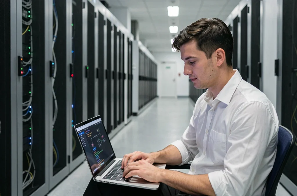 Technicien informatique travaillant sur un ordinateur portable devant des baies de serveurs dans un centre de données moderne, représentant la gestion des données par l'IA