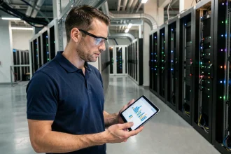 Technicien informatique inspectant un rack de serveurs en centre de données avec tablette de maintenance prédictive