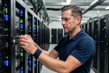 Technicien informatique inspectant une lame de serveur dans une salle de data center pour maintenance