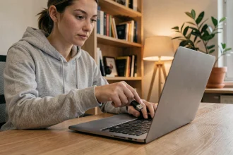 Jeune femme branchant une clé USB sur un ordinateur portable pour télécharger de la musique légalement