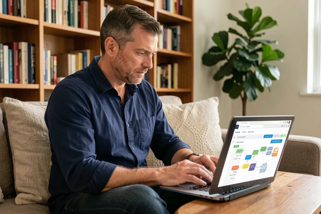 Homme travaillant sur un tableau de bord de gestion de workflows depuis son bureau à domicile avec une atmosphère décontractée et organisée