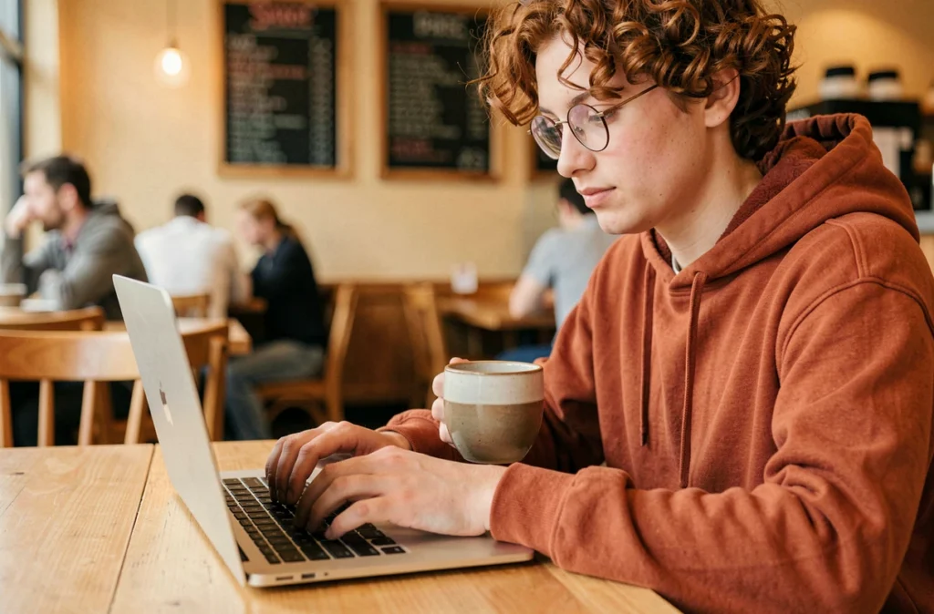 Jeune personne utilisant la touche Shift du clavier Mac dans un café avec MacBook Air ouvert