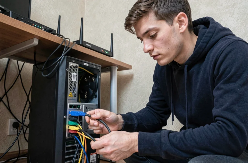 Jeune homme vérifiant les câbles réseau derrière un ordinateur pour résoudre un problème de connexion lente