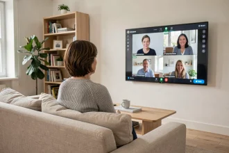 Femme en télétravail faisant une visioconférence sur un téléviseur connecté dans son salon moderne