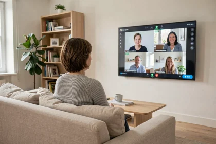 Femme en télétravail faisant une visioconférence sur un téléviseur connecté dans son salon moderne