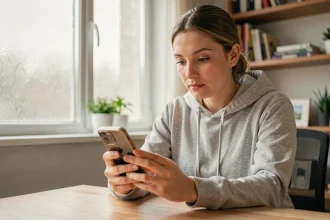 Jeune femme consultant anonymement des stories Snapchat sur son smartphone depuis un bureau à domicile