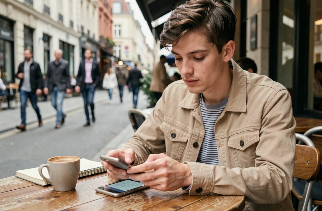 Personne consultant des stories Snapchat anonymement depuis une terrasse de café en ville