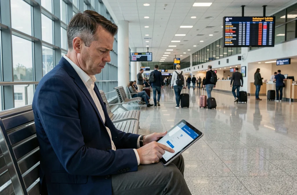 Homme connecté à un réseau wifi public dans un aéroport avec risque de vol de données personnelles
