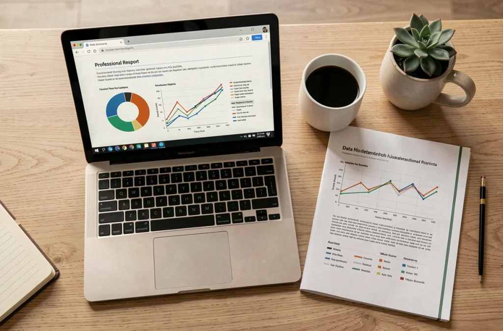 Vue aérienne d'un bureau minimaliste avec rapport professionnel et graphiques dynamiques sur ordinateur portable